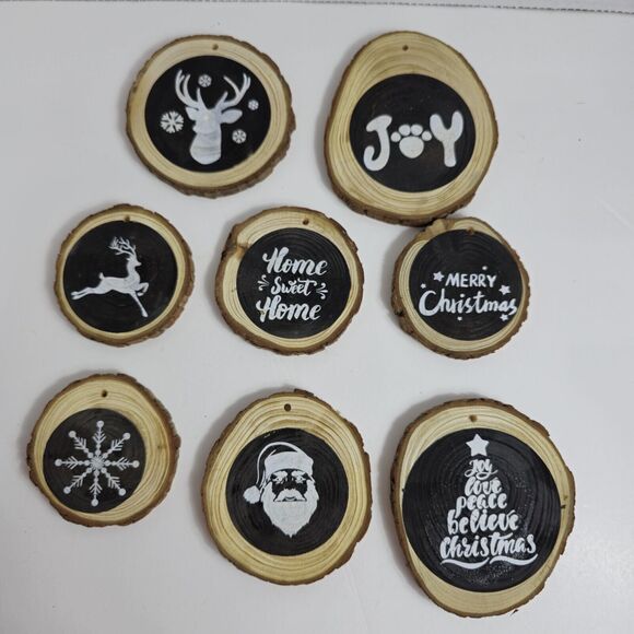 Set of 8 Rustic Wooden Log Pine Chips Black White Christmas Ornaments - Picture 1 of 11